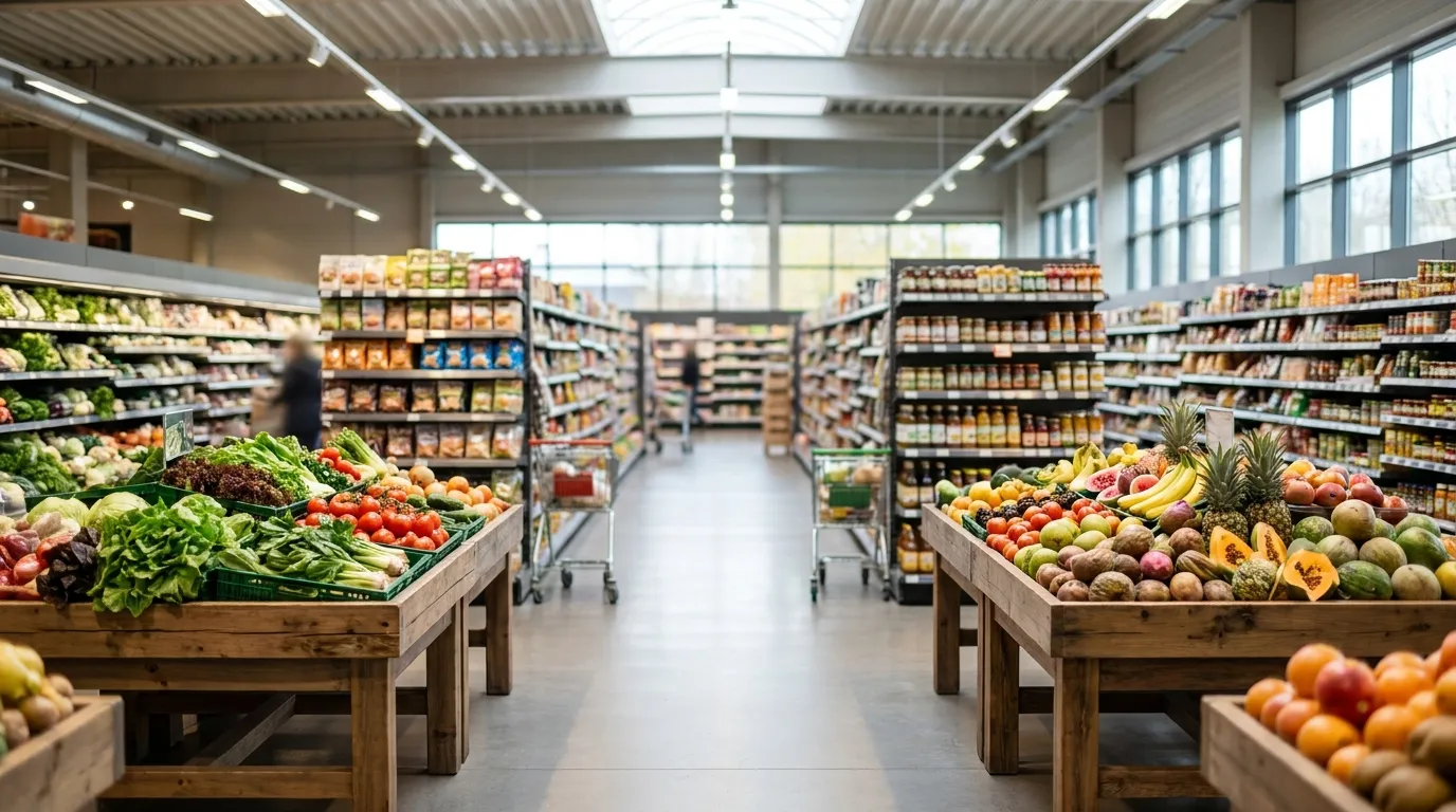 Weitläufige Verkaufsfläche mit langen, dicht gefüllten Regalreihen im Xani Supermarkt Wolfsburg - über 12.000 Artikel im Sortiment