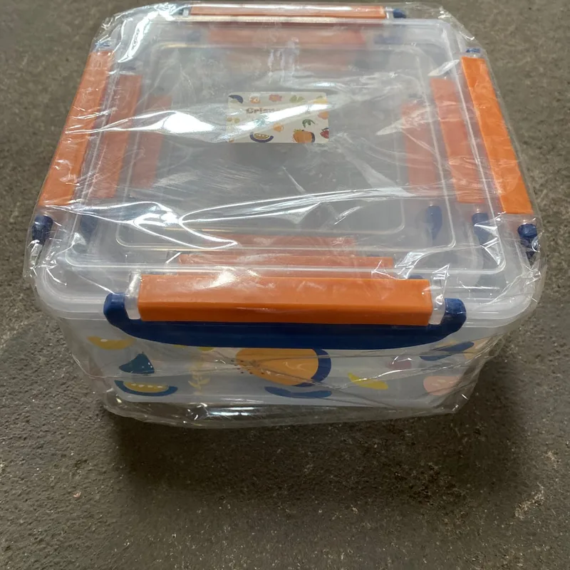 Transparentes Vorratsbehälter-Set mit orangen Deckeln, Originalfoto